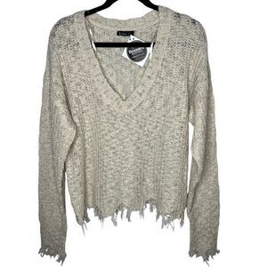 New! Very j Loose Knit V-Neckline Long Sleeve Raw Trim Beige Women Sweater Sz M